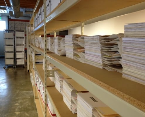 A rack full of records ready to scan